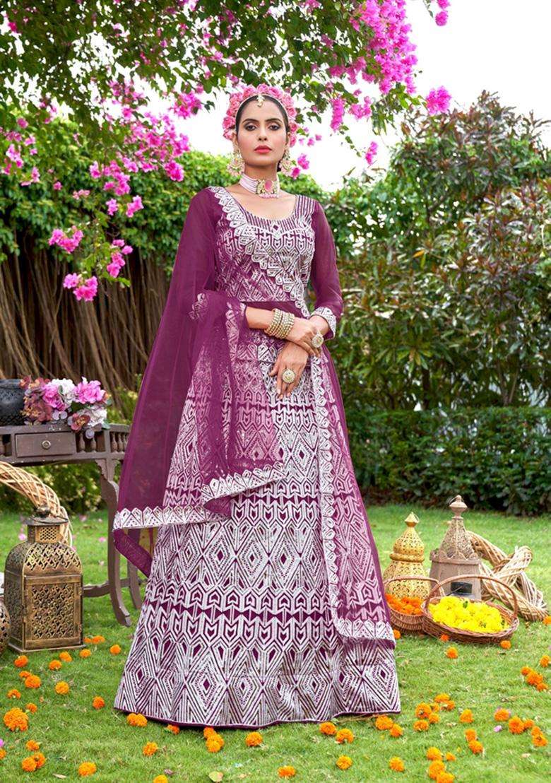 Purple Net Lehenga Set with Embroidery for Diwali | Wedding & Festive Wear - Indya