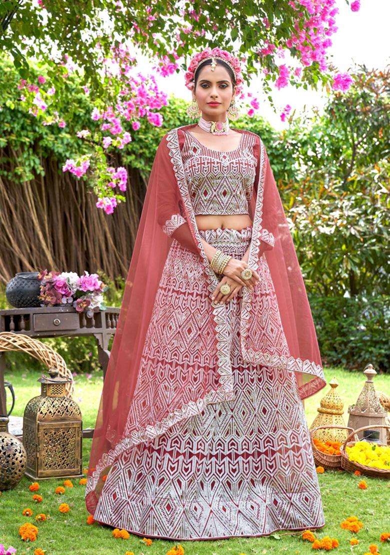 Pink Net Lehenga Set with Embroidery for Diwali | Wedding & Festive Wear - Indya