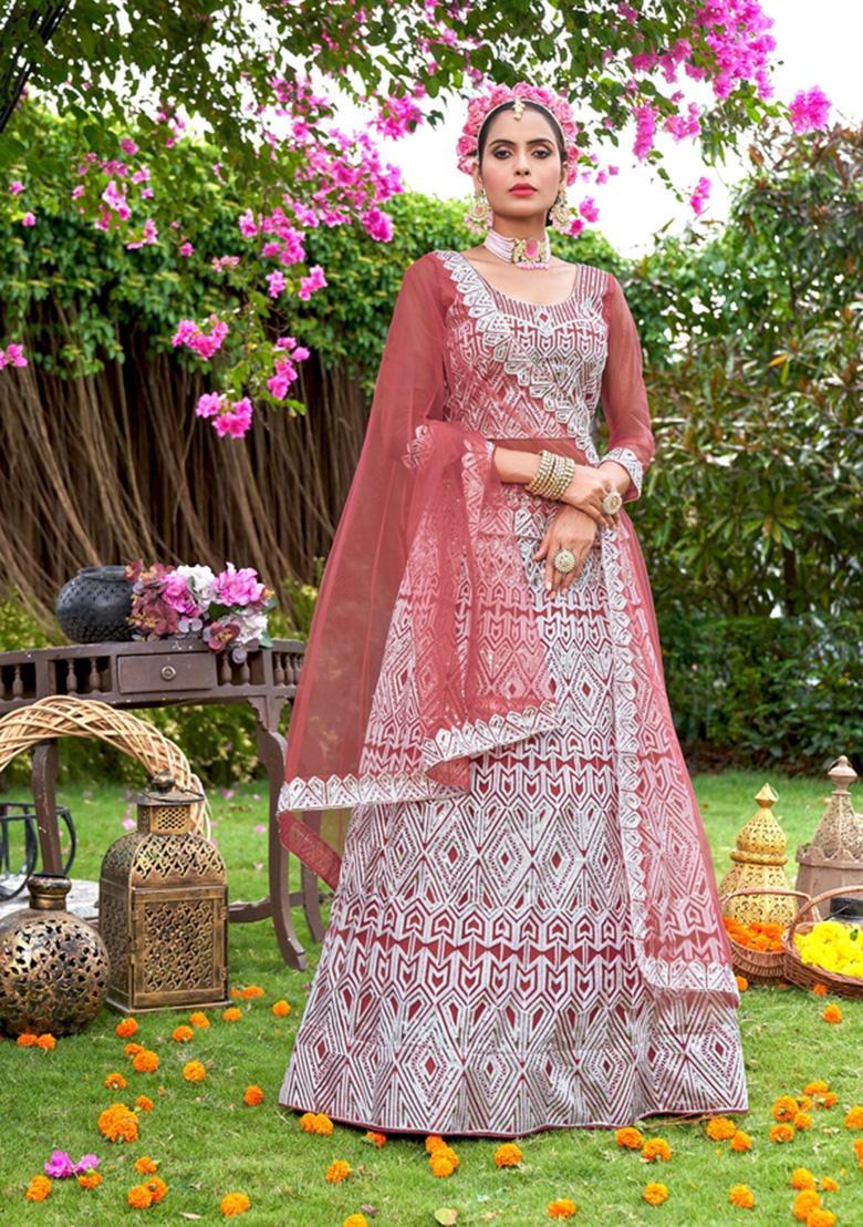 Pink Embroidery Net Lehenga Set - Indya