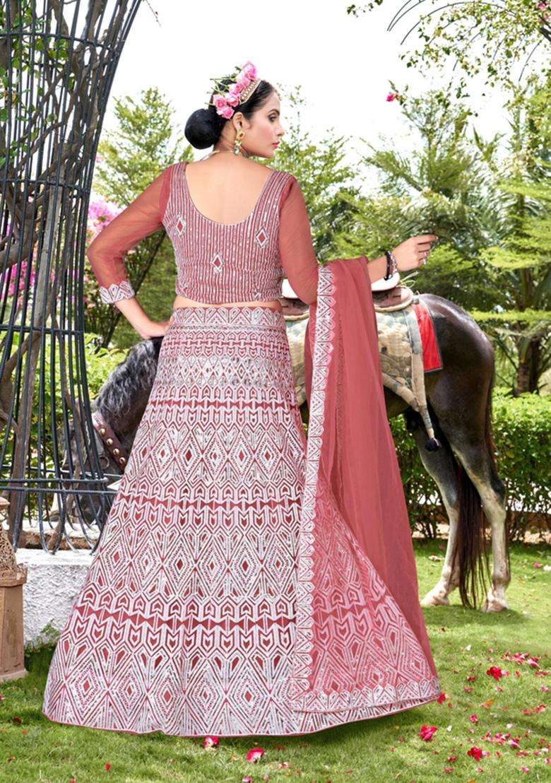 Pink Net Lehenga Set with Embroidery for Diwali | Wedding & Festive Wear - Indya