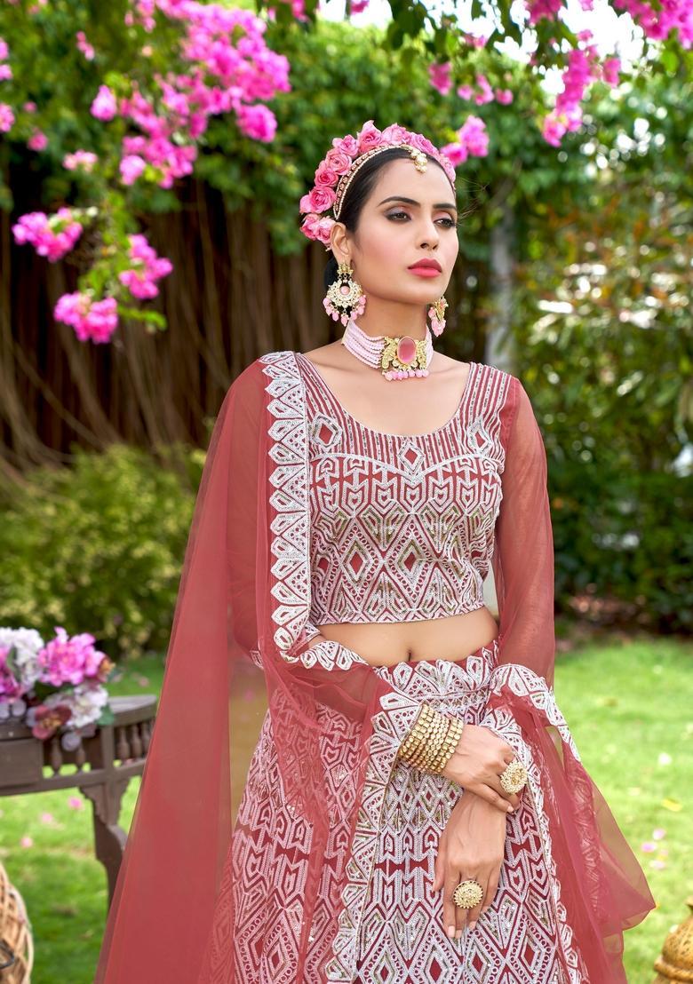 Pink Embroidery Net Lehenga Set - Indya