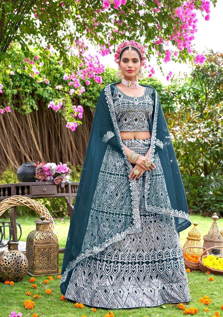 Blue Net Lehenga Set with Embroidery for Diwali | Wedding & Festive Wear - Indya
