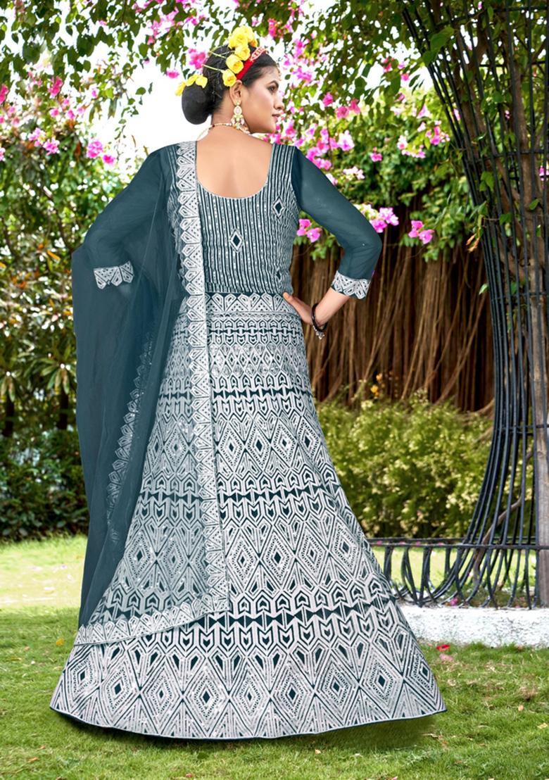 Blue Embroidery Net Lehenga Set - Indya