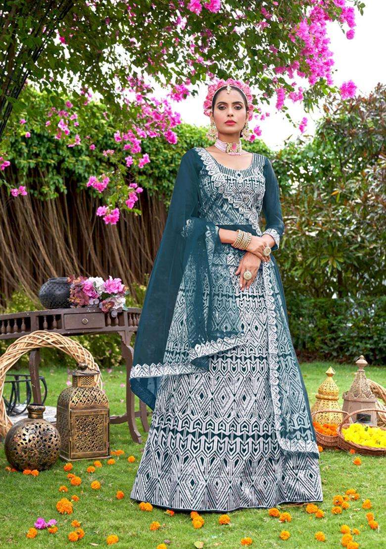 Blue Net Lehenga Set with Embroidery for Diwali | Wedding & Festive Wear - Indya