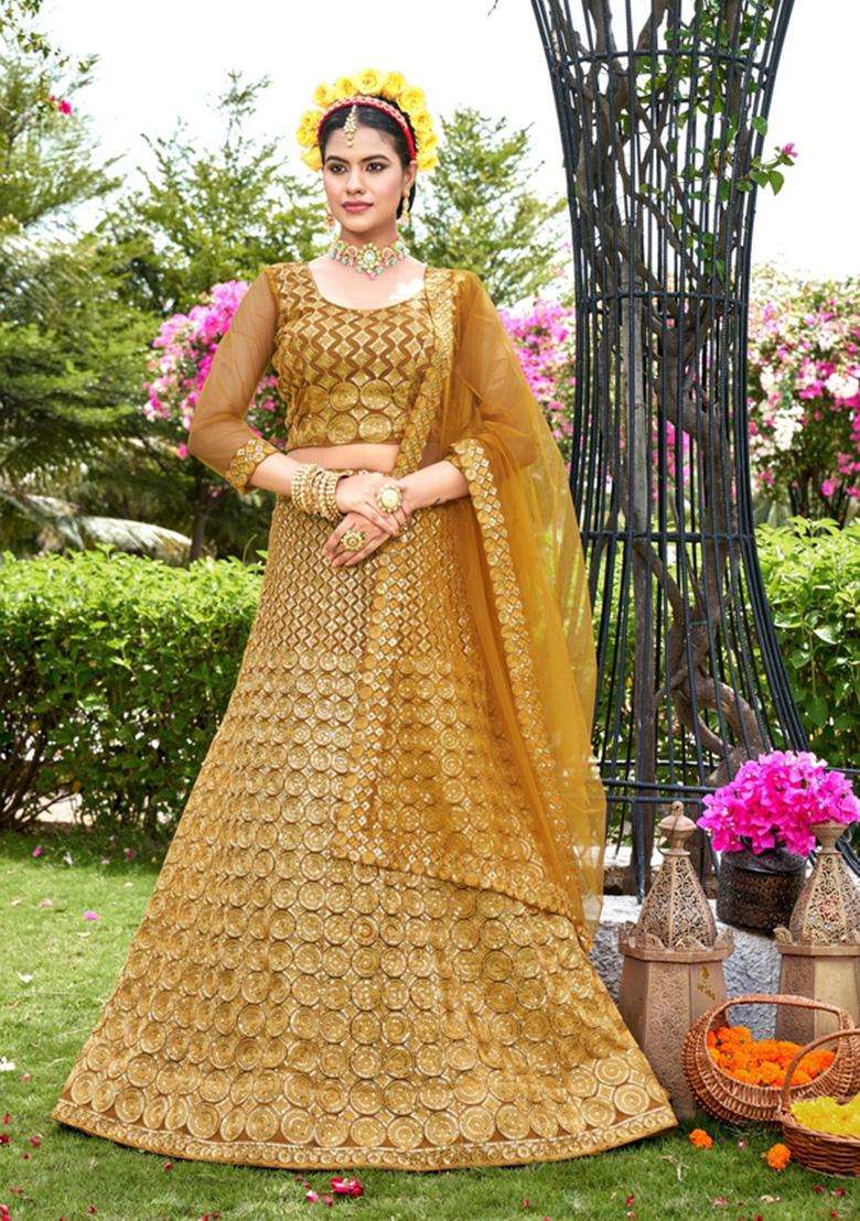 Yellow Embroidery Net Lehenga Set for Diwali and Festive Wear - Indya