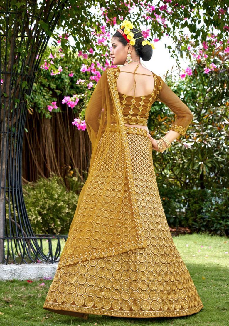 Yellow Embroidery Net Lehenga Set - Indya
