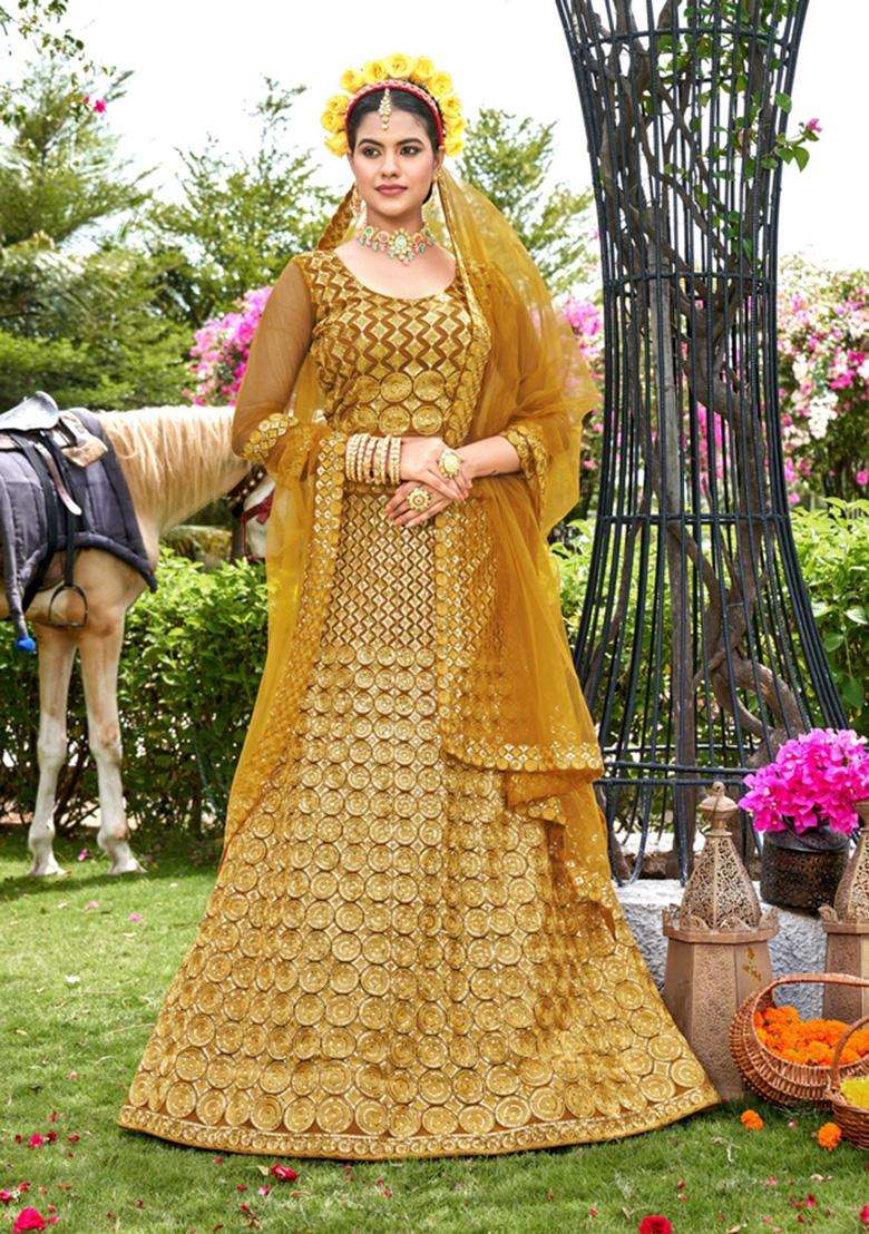 Yellow Embroidery Net Lehenga Set for Diwali and Festive Wear - Indya