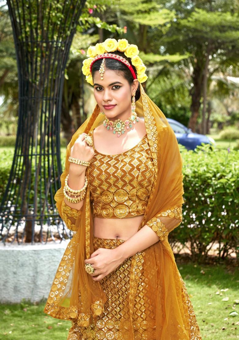Yellow Embroidery Net Lehenga Set - Indya