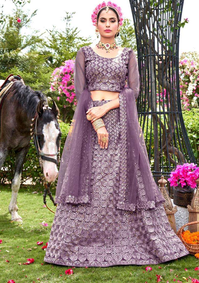 Purple Embroidery Net Lehenga Set - Indya