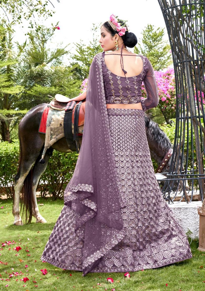 Purple Embroidery Net Lehenga Set - Indya