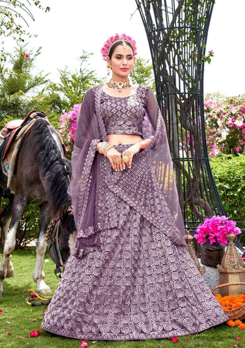 Purple Embroidery Net Lehenga Set - Indya
