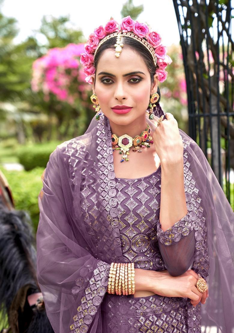 Purple Embroidery Net Lehenga Set - Indya