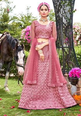 Pink Embroidery Net Lehenga Set