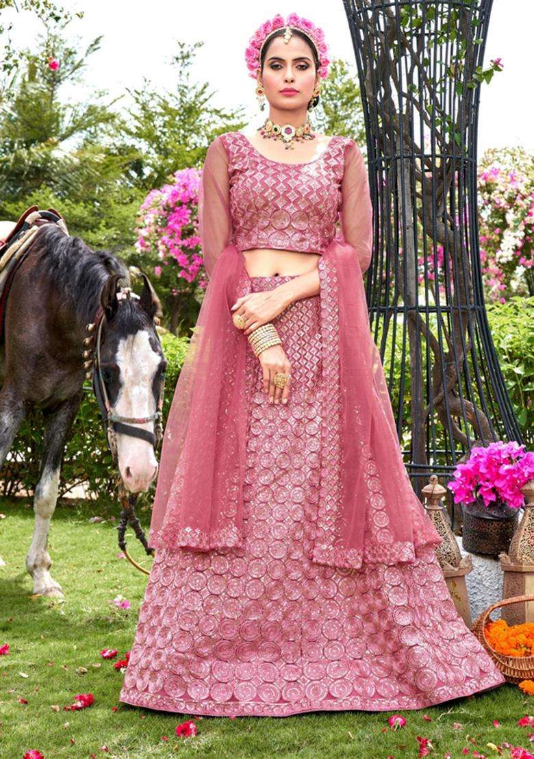 Pink Net Lehenga Set with Embroidery for Diwali | Wedding & Festive Wear - Indya