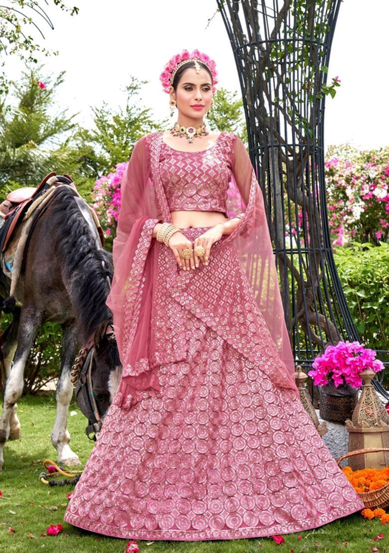 Pink Embroidery Net Lehenga Set - Indya