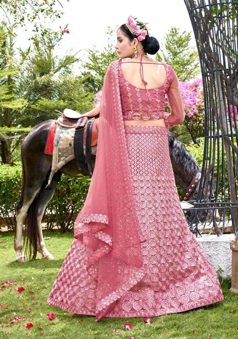 Pink Net Lehenga Set with Embroidery for Diwali | Wedding & Festive Wear - Indya