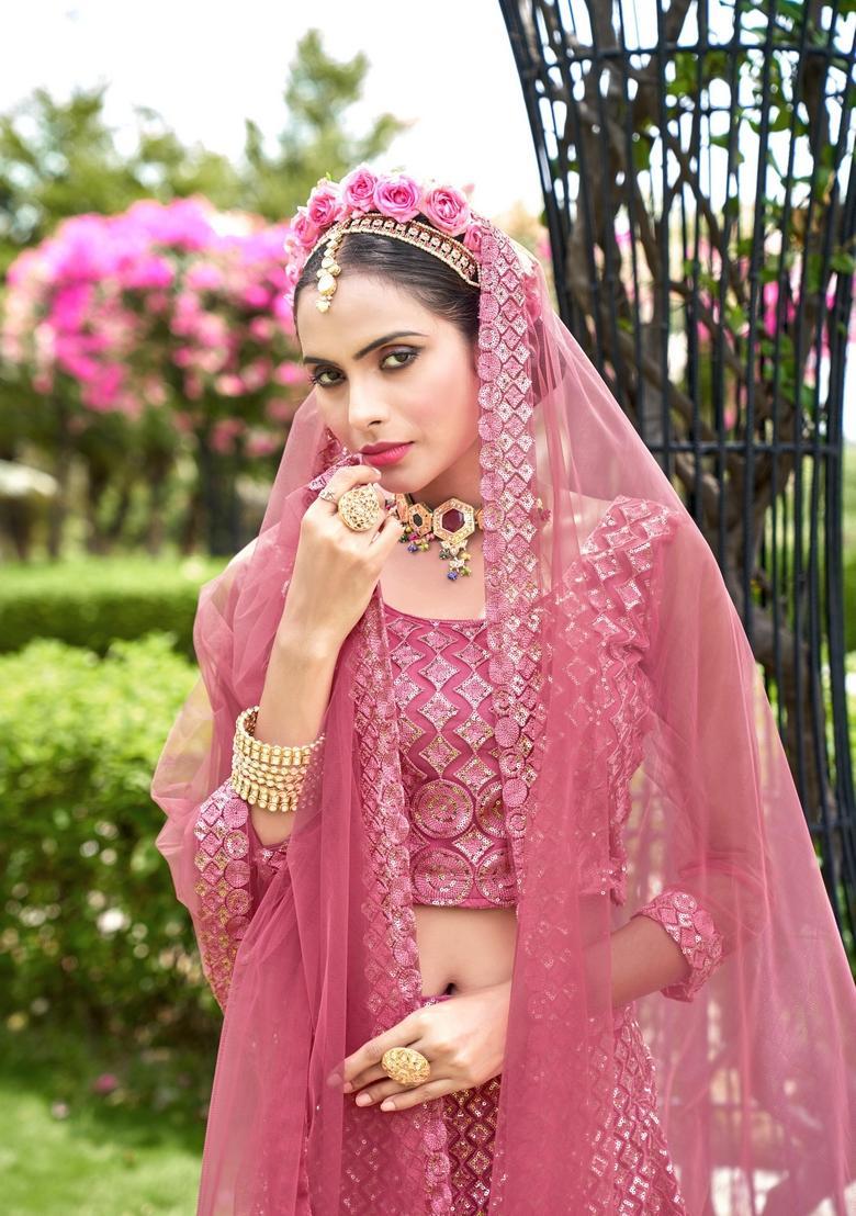 Pink Embroidery Net Lehenga Set - Indya