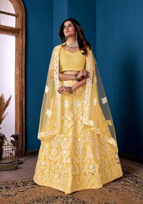 Yellow Embroidery Net Lehenga Set