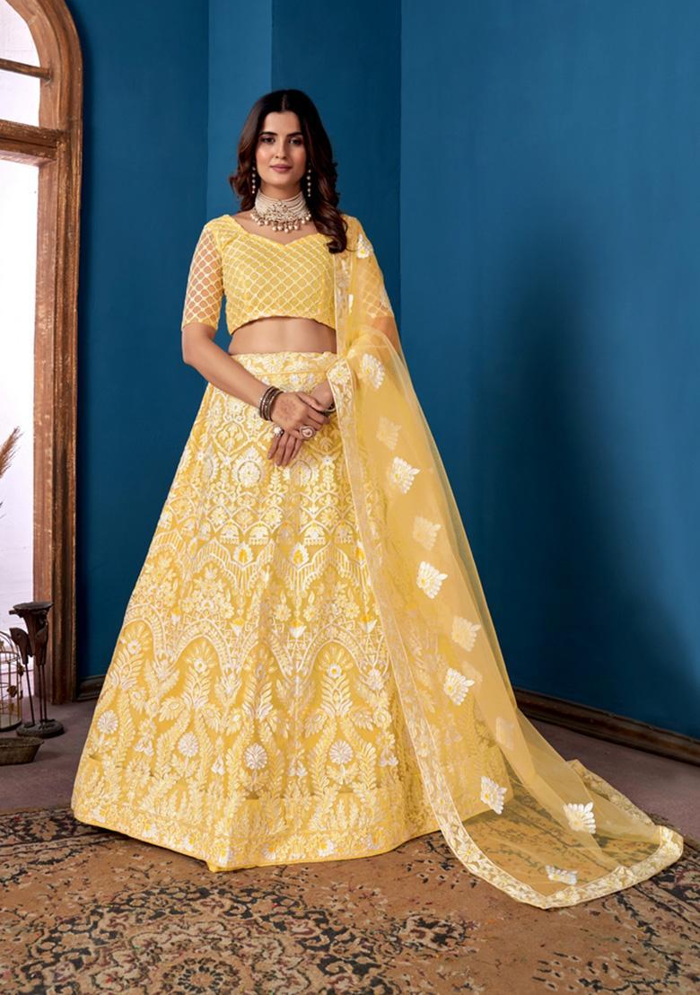 Yellow Embroidery Net Lehenga Set - Indya