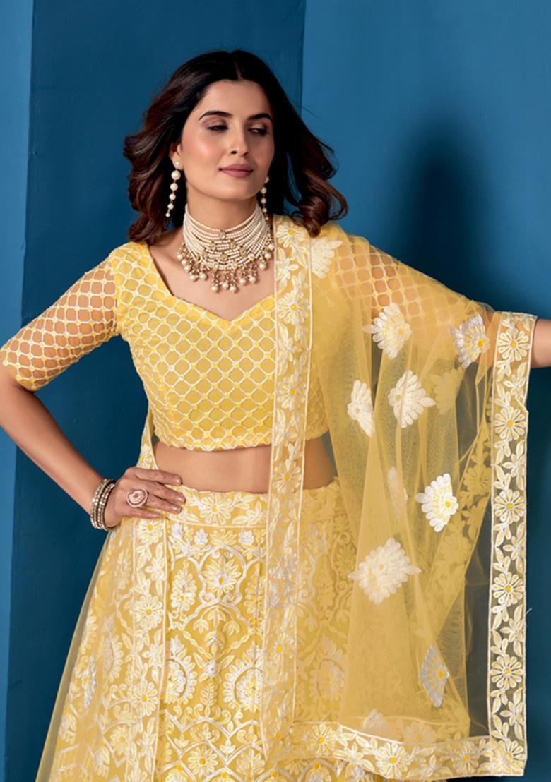 Yellow Embroidery Net Lehenga Set - Indya