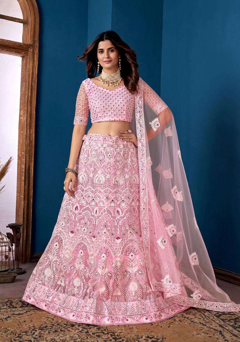 Pink Embroidery Net Lehenga Set for Diwali and Festive Wear - Indya