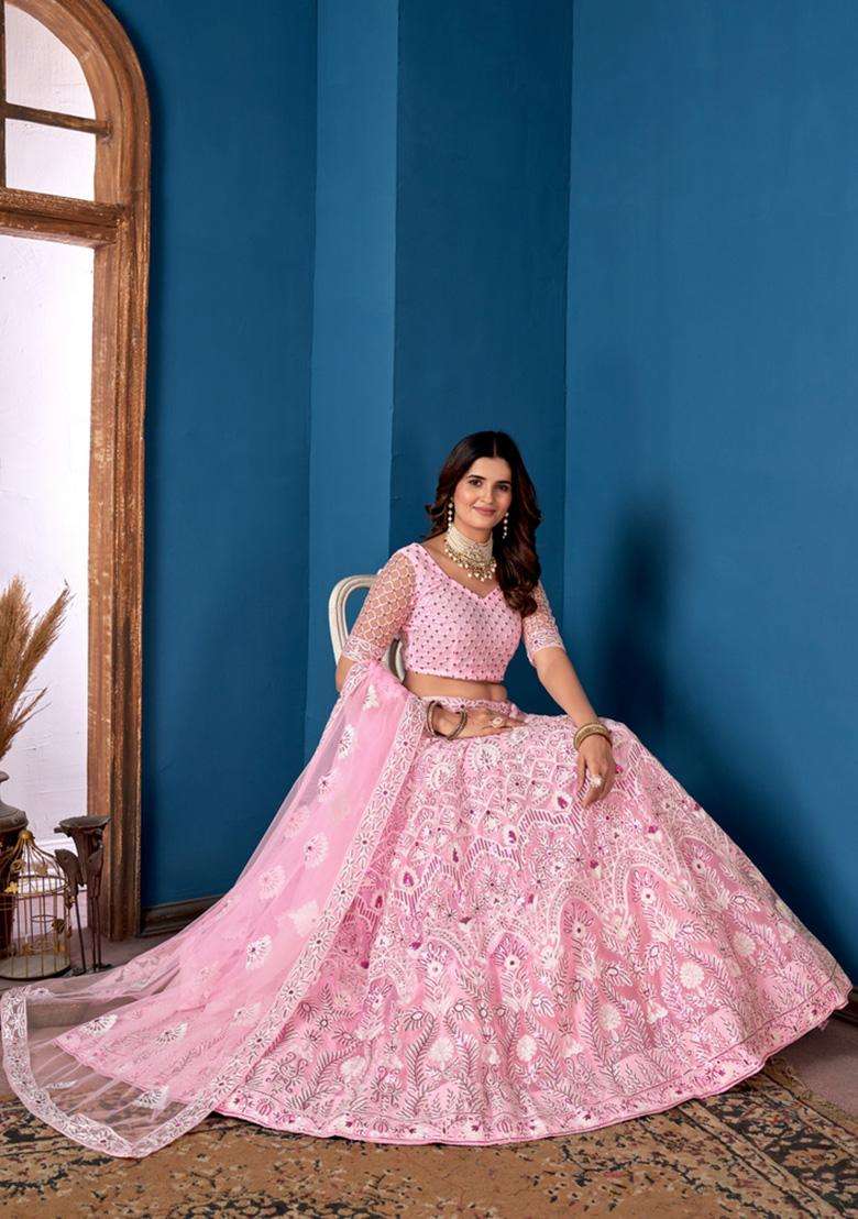 Pink Embroidery Net Lehenga Set for Diwali and Festive Wear - Indya