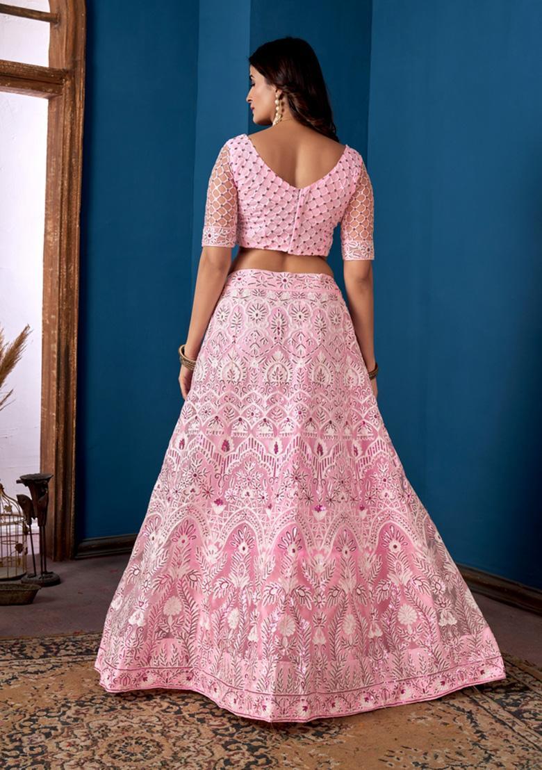 Pink Embroidery Net Lehenga Set - Indya
