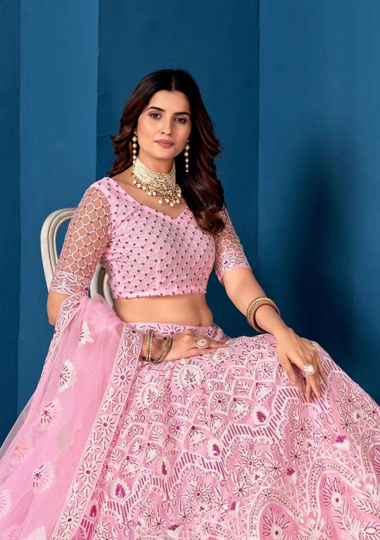 Pink Embroidery Net Lehenga Set for Diwali and Festive Wear - Indya