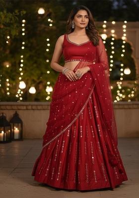 Red Embroidery Silk Lehenga Set