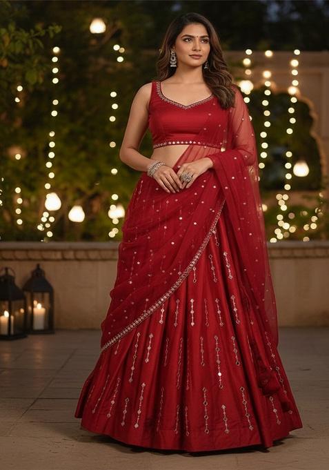 Red Embroidery Silk Lehenga Set
