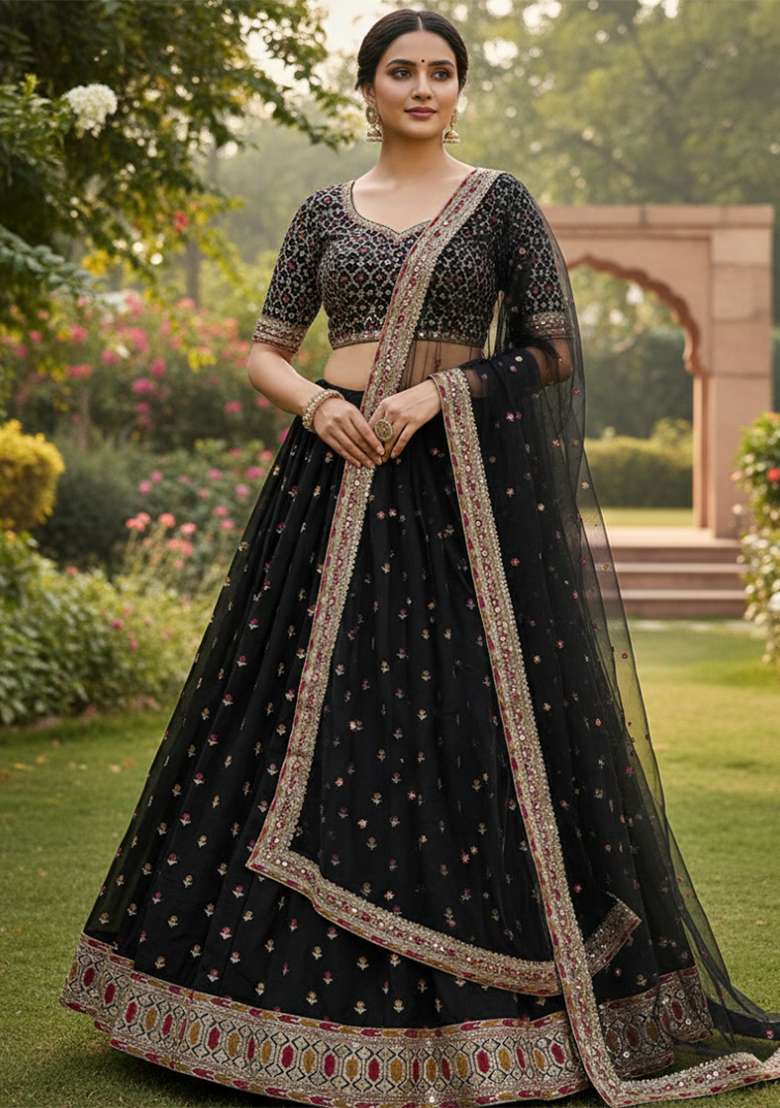 Black Embroidery Silk Blend Lehenga Set for Diwali and Festive Wear - Indya