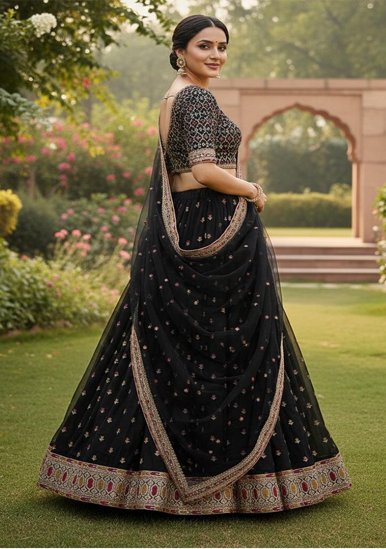 Black Embroidery Silk Lehenga Set - Indya