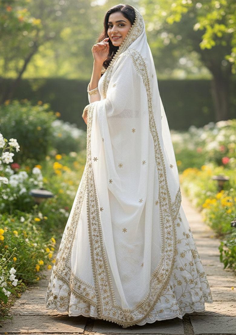 White Embroidery Silk Lehenga Set - Indya