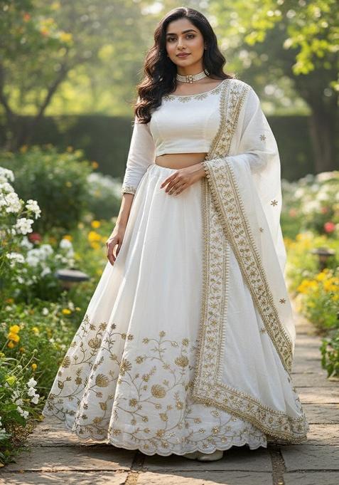 White Embroidery Silk Lehenga Set