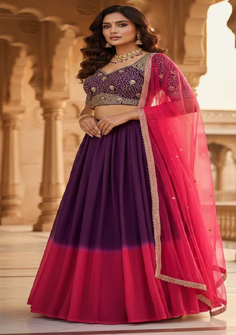 Wine Georgette Lehenga Set with Embroidery for Diwali | Wedding & Festive Wear - Indya