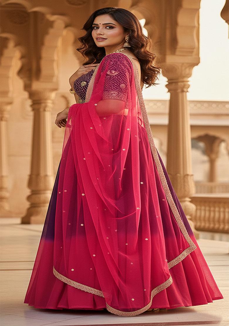 Wine Embroidery Georgette Lehenga Set - Indya