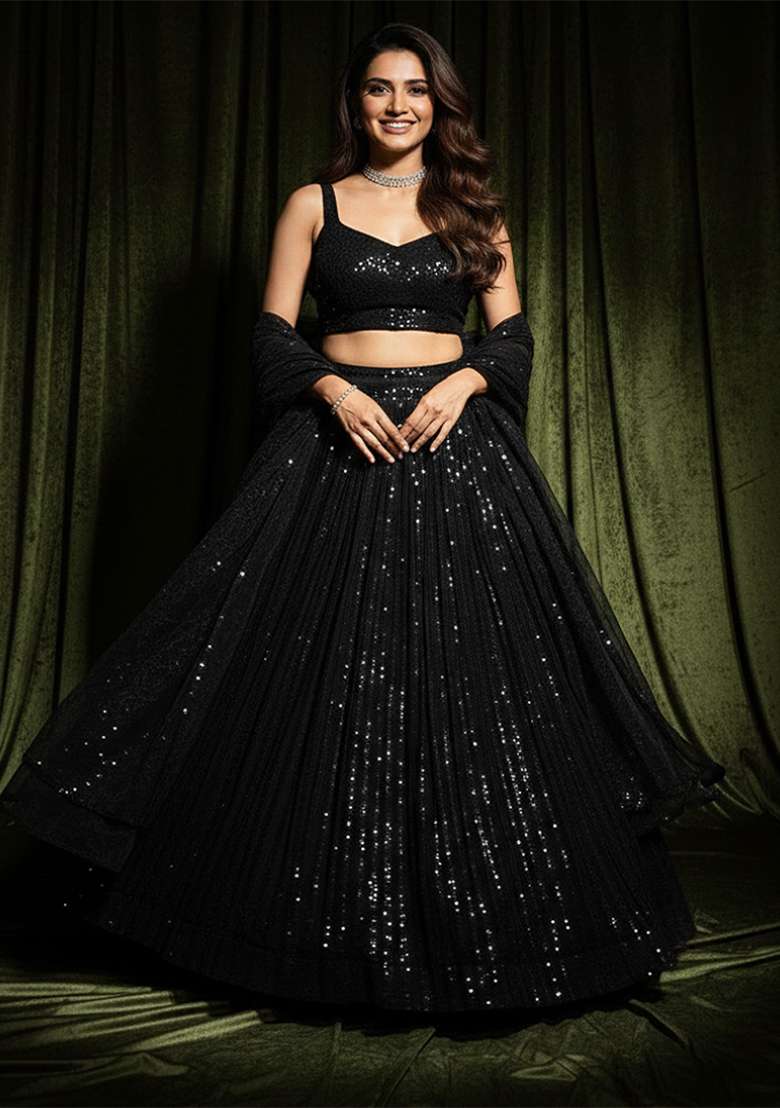 Black Embroidery Georgette Lehenga Set for Diwali and Festive Wear - Indya