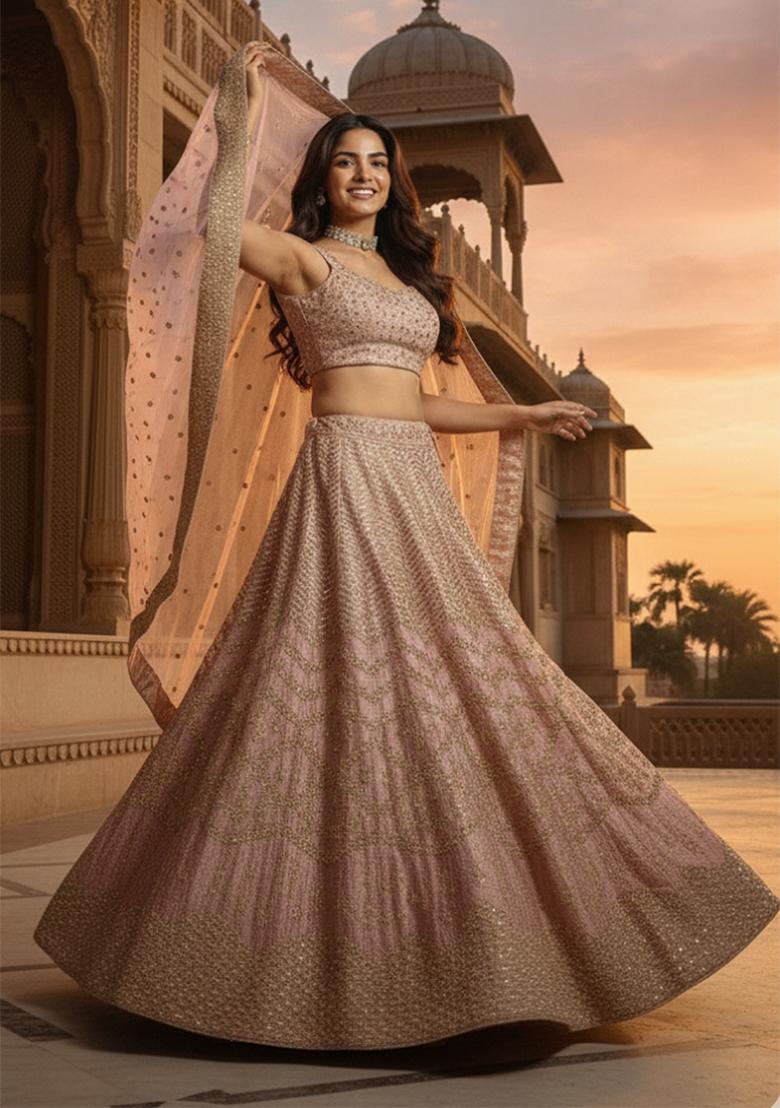 Baby Pink Embroidery Silk Lehenga Set - Indya