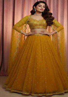 Yellow Embroidery Net Lehenga Set