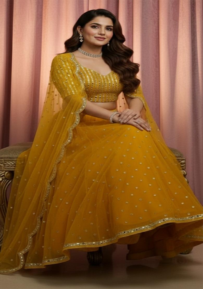 Yellow Embroidery Net Lehenga Set - Indya