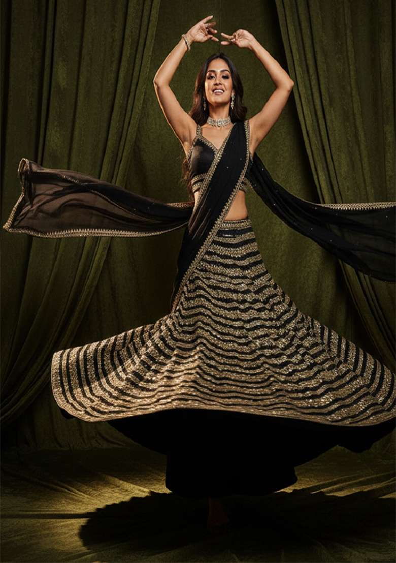 Black Silk Blend Lehenga Set with Embroidery for Diwali | Wedding & Festive Wear - Indya