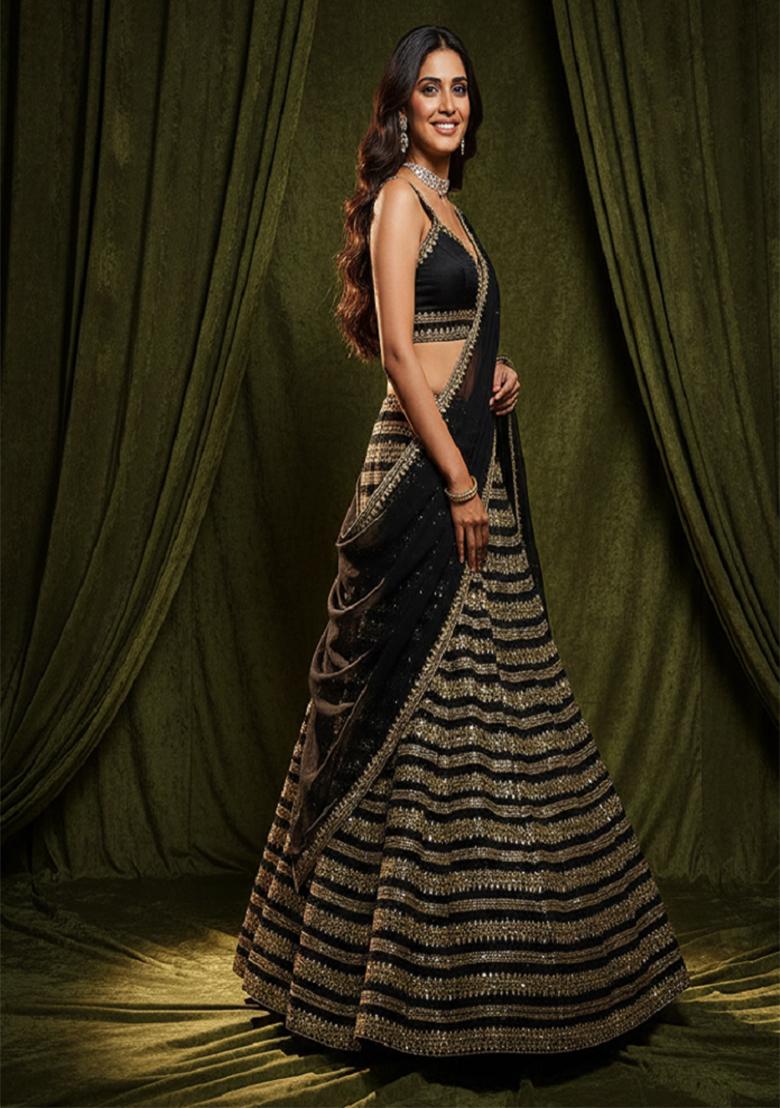 Black Embroidery Silk Lehenga Set - Indya