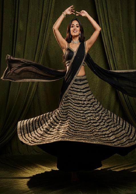 Black Embroidery Silk Lehenga Set