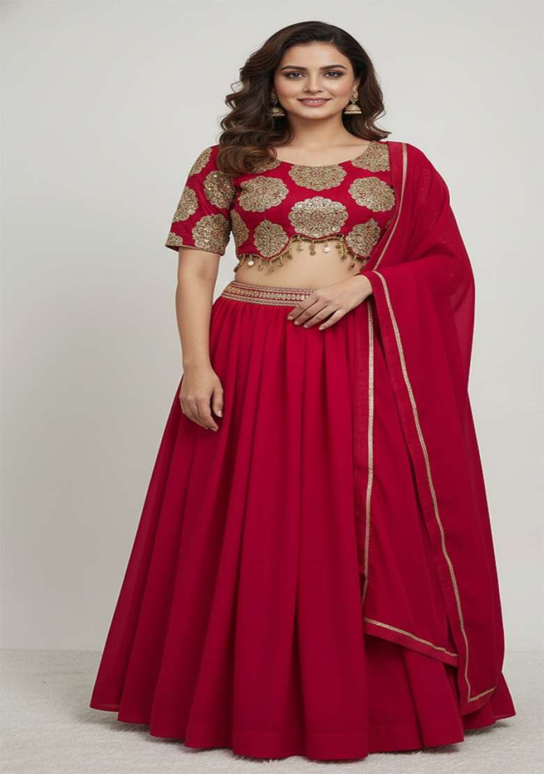Red Embroidery Silk Blend Lehenga Set for Diwali and Festive Wear - Indya