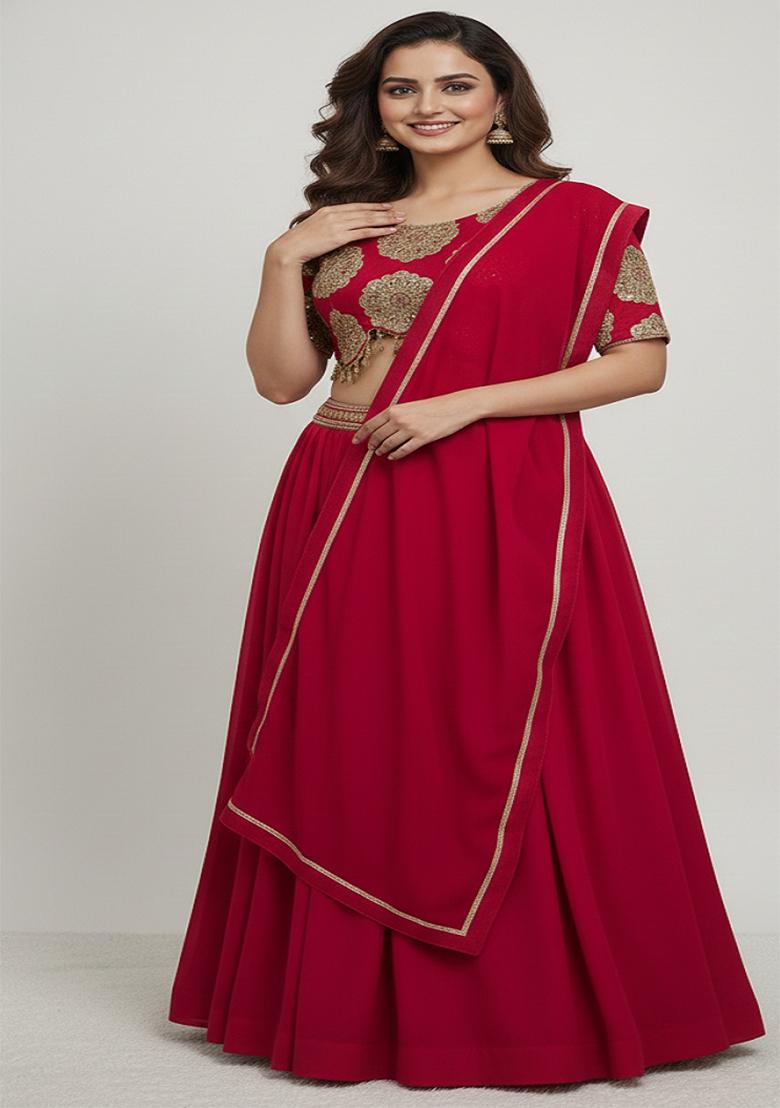 Red Embroidery Silk Lehenga Set - Indya