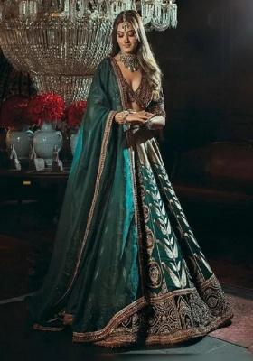Green Embroidery Satin Lehenga Set