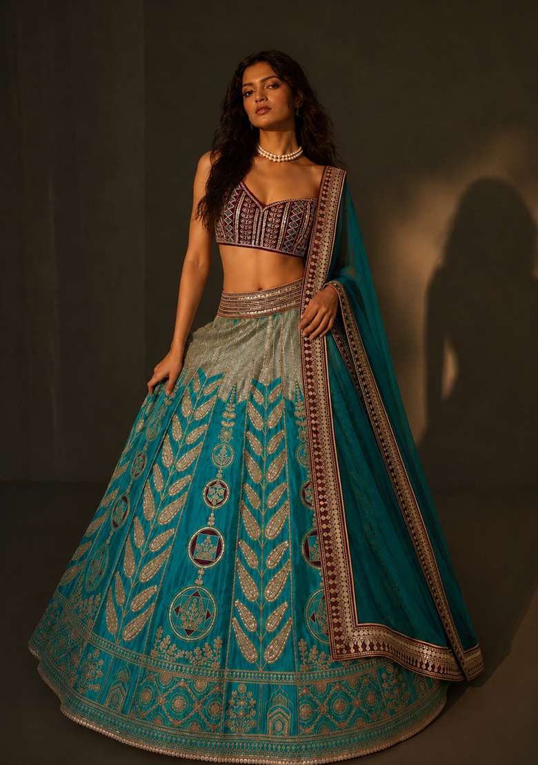 Green Satin Lehenga Set with Embroidery for Diwali | Wedding & Festive Wear - Indya