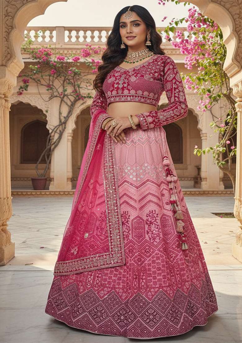 Pink Georgette Lehenga Set with Embroidery for Diwali | Wedding & Festive Wear - Indya