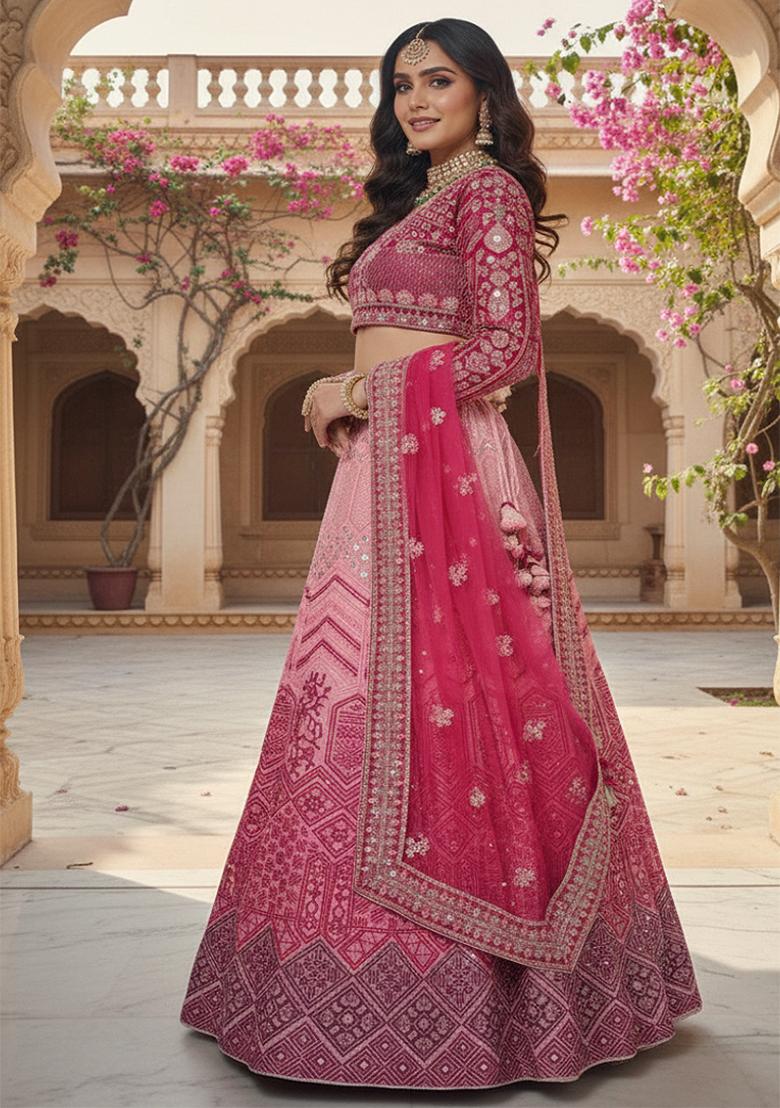 Pink Embroidery Georgette Lehenga Set - Indya