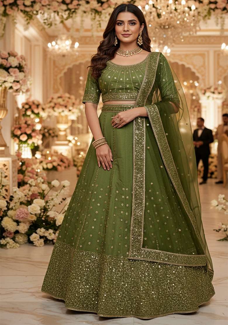Olive Green Embroidery Silk Blend Lehenga Set for Diwali and Festive Wear - Indya